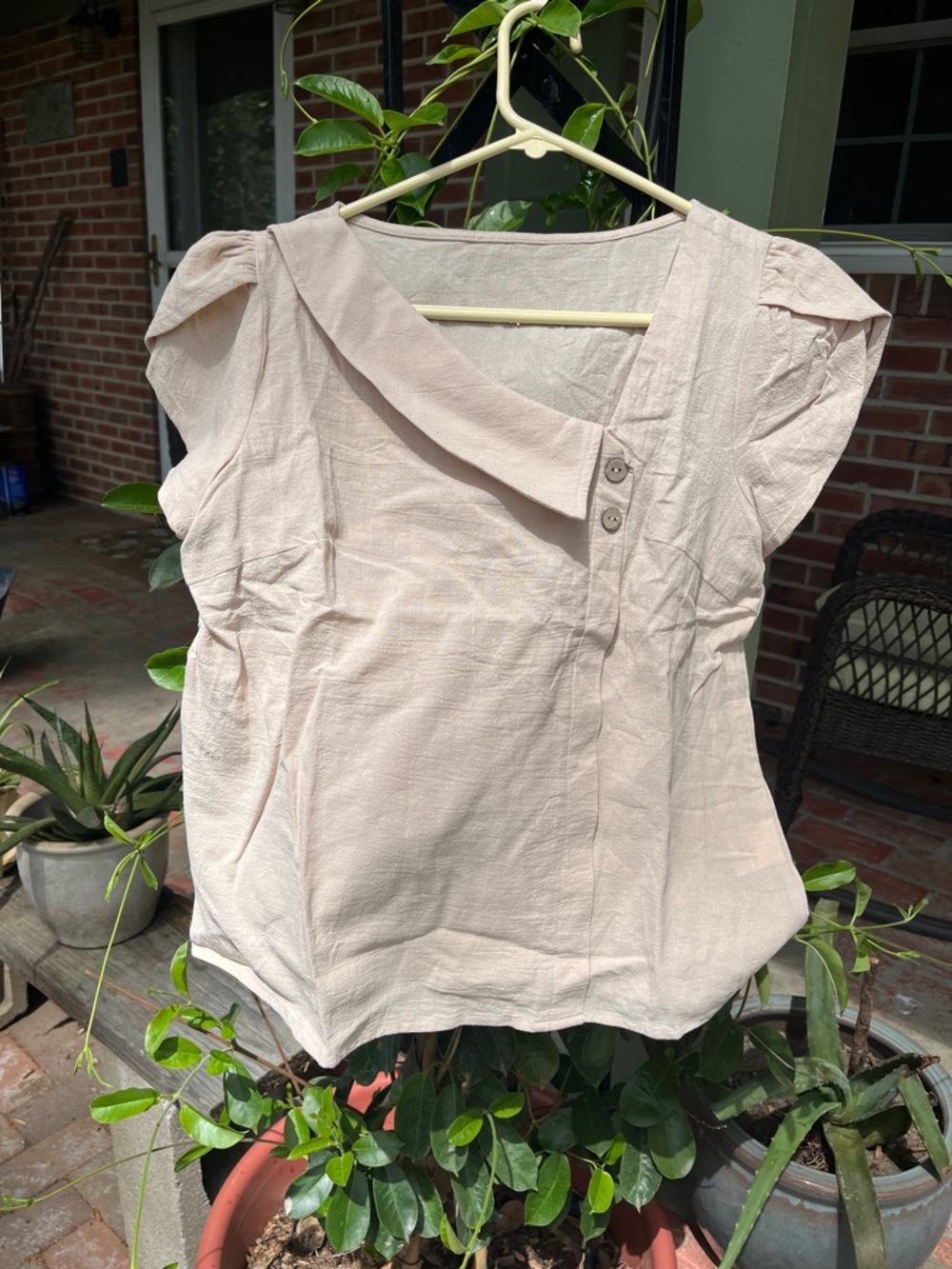 Womens Cream Short-Sleeve Button Detail Top